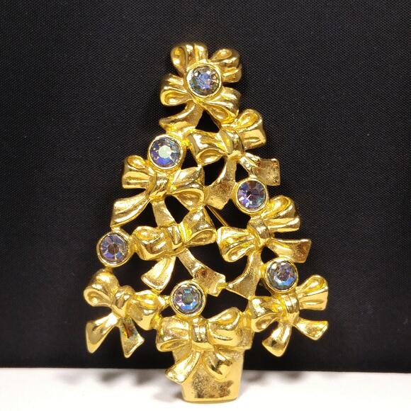 Avon Christmas Tree Brooch, Blue AB Rhinestones, Gold Tone 1960s Vintage Jewelry - Picture 2 of 10